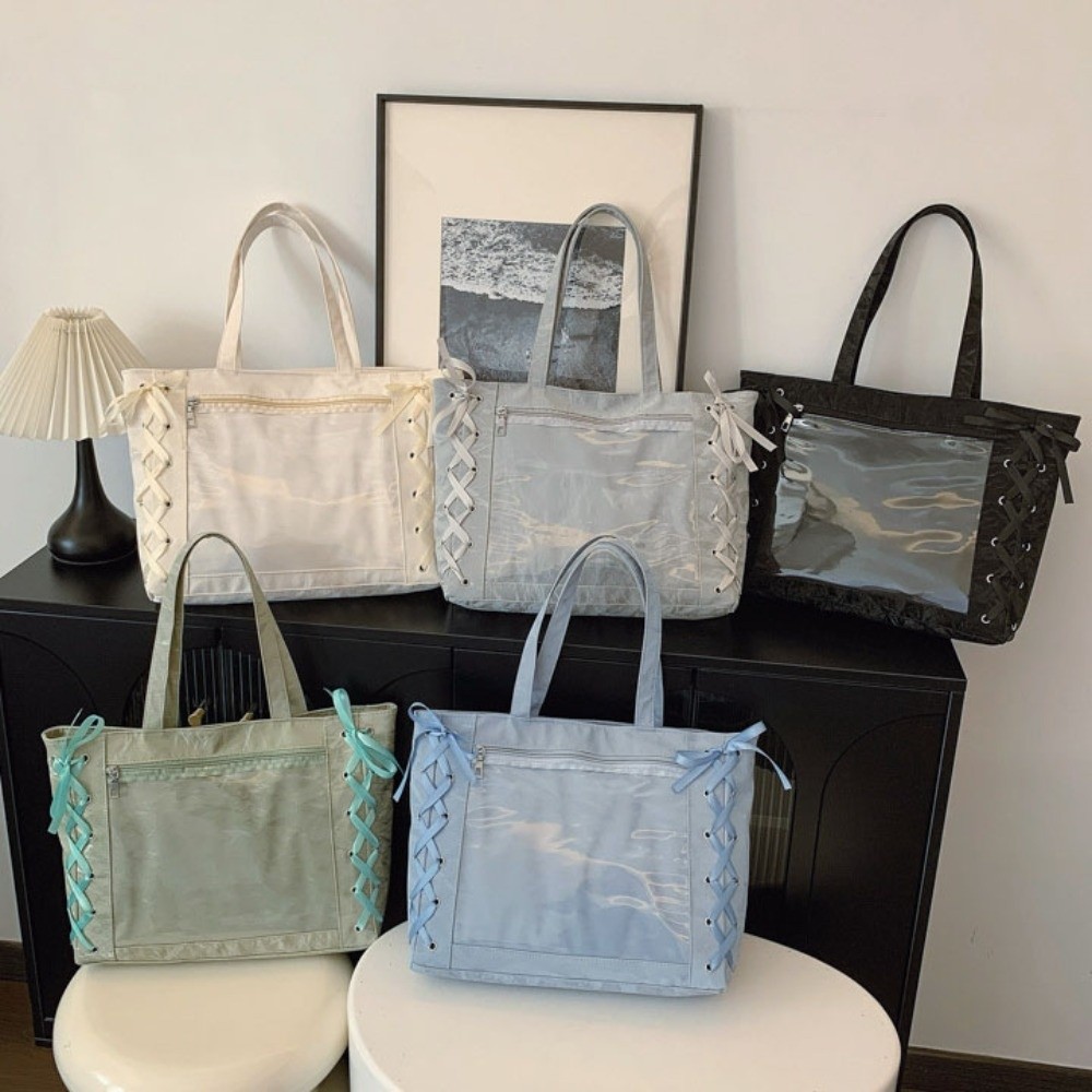 Tote Bag Beach - レースアップシンプルなイタバッグバッジディスプレイPU透明ポケットトートバッグアイドルグッズ収納クロスリボンショルダーバッグ女の子用