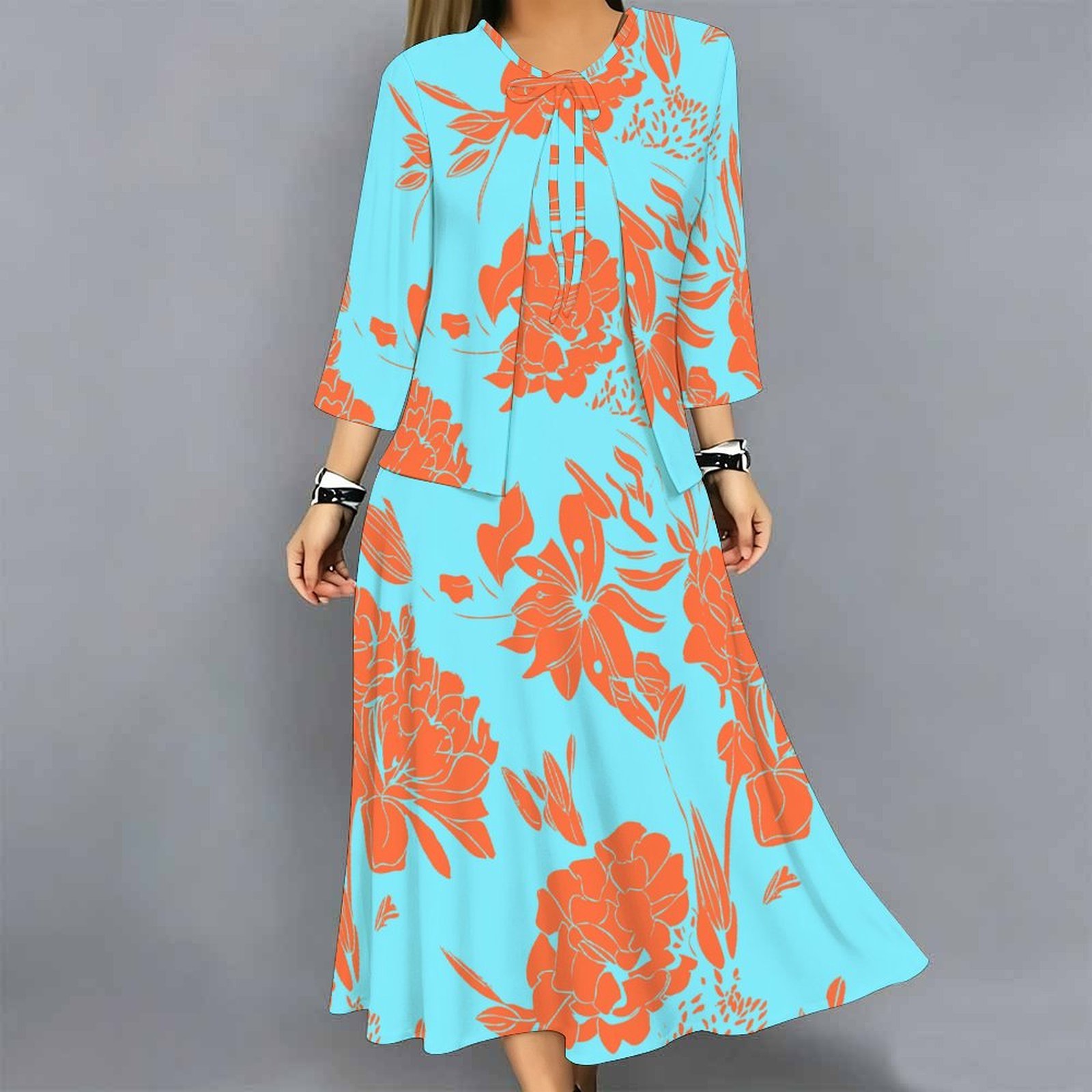 レディース2ピースドレスセット プリント 3/4袖カーディガ - Midi Skirt Floral のレビューと価格