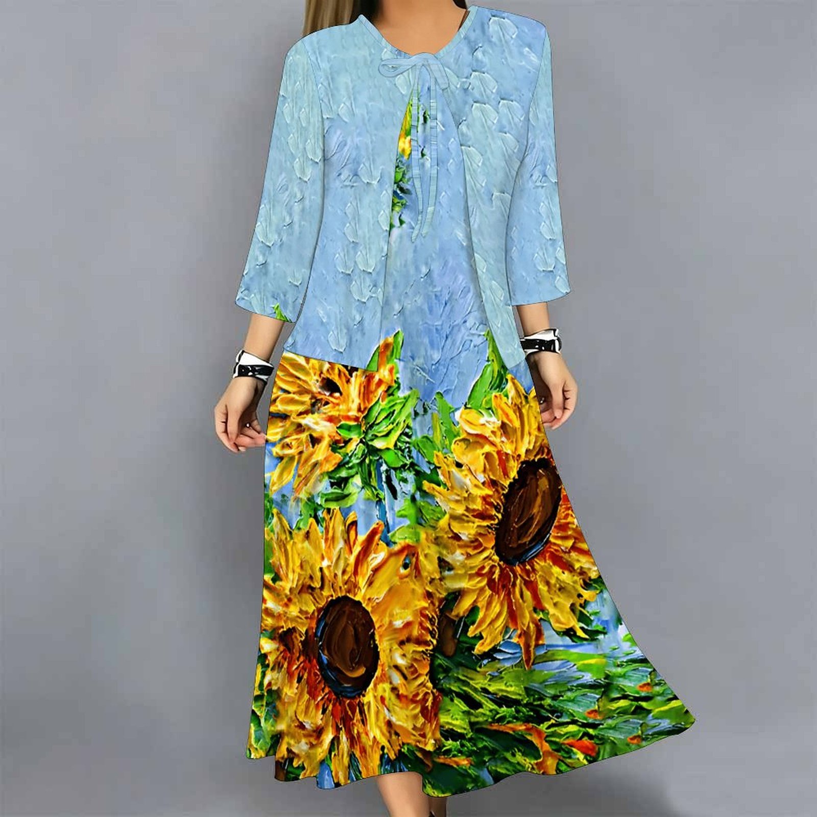 レディース2ピースドレスセット プリント 3/4袖カーディガ - Midi Skirt Floral のレビューと価格