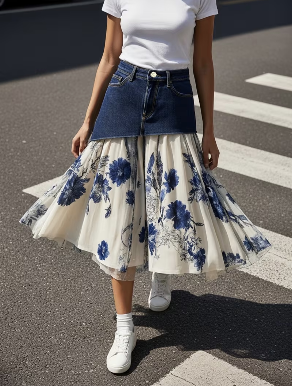 プラスサイズ女性向け、ハイウエスト、デニムパッチワーク、ブル - Midi Skirt Floral のレビューと価格