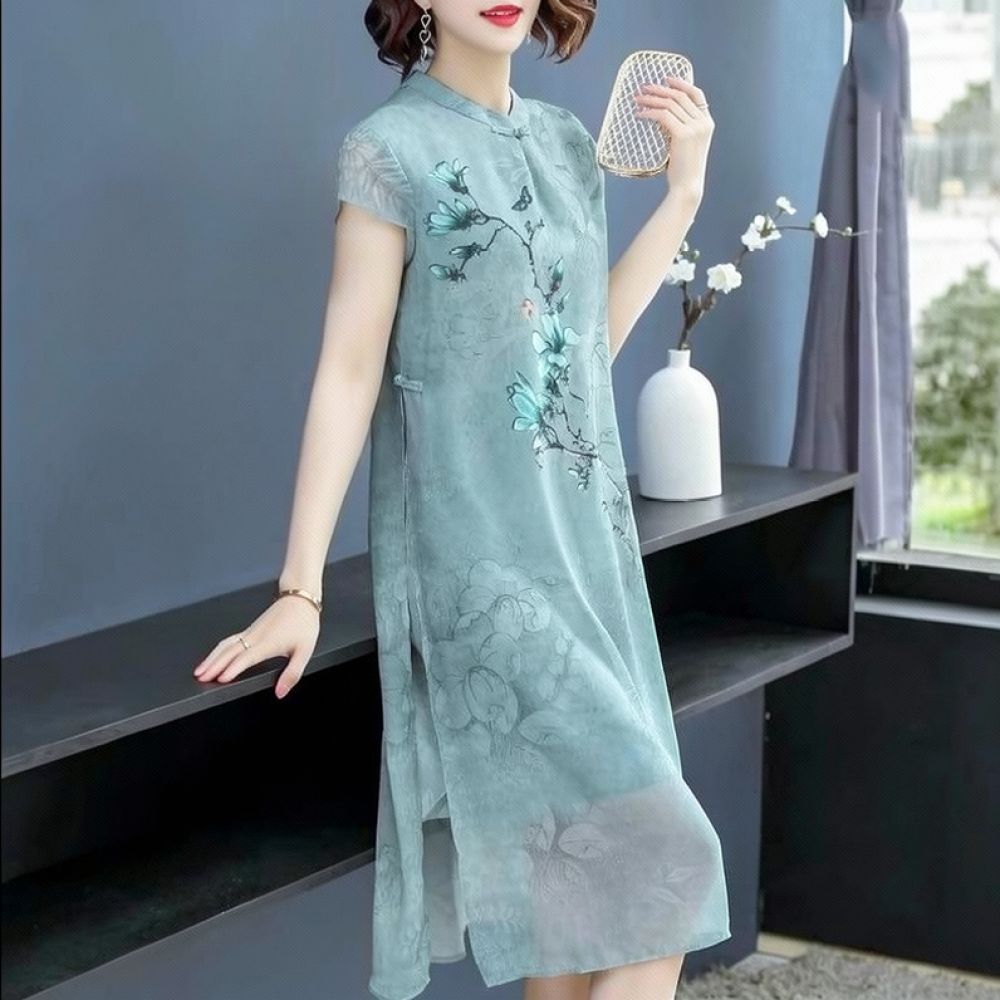 夏らしいシフォン素材の花柄ワンピース。上品なチャイナカラー、 - Midi Skirt Floral のレビューと価格
